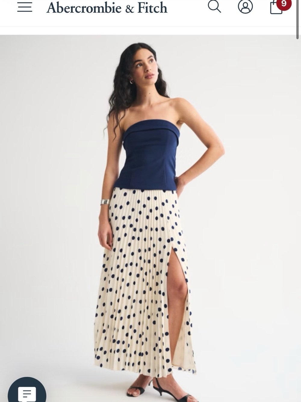 Abercrombie & Fitch SET Bra-free Navy top & White Polka Dot Pleated Maxi Skirt